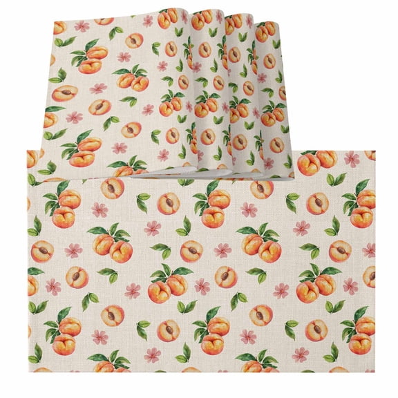 Summer Peach Placemats for Dinning Table Set of 4, Tropical Fruit Rustic Flowers Watercolor Burlap Kitchen Place Mats Waterproof Cloth Table Mats, Indoor Outdoor Placemats Easy Clean Dinner Decor