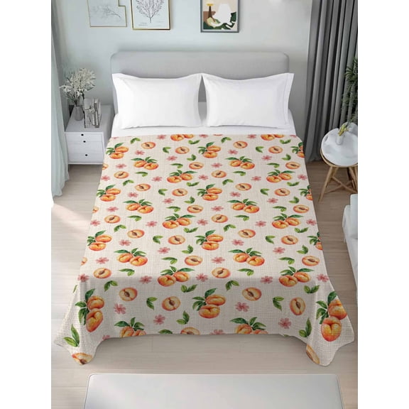Summer Peach Queen Size Flat Sheet, Wrinkleproof & Fadeproof Cooling Flat Bed Sheet Only, Tropical Fruit Rustic Flowers Watercolor Breathable Soft Bedding Top Sheets 90 x 102 Inches