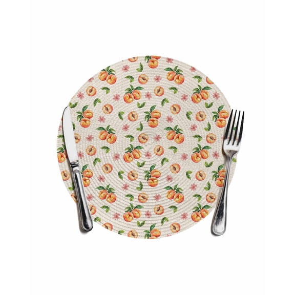 Summer Peach Round Placemats for Dinning Tables,Heat-proof Braided Table Mats 13 Inch,Tropical Fruit Rustic Flowers Watercolor Washable Place Mat for Kitchen Restaurant Party Decor Table Setting