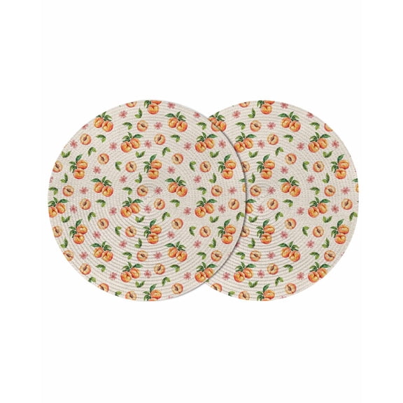 Summer Peach Round Placemats Set of 2 for Dinning Tables,Heat-proof Braided Table Mats 15 Inch,Tropical Fruit Rustic Flowers Watercolor Washable Place Mat for Kitchen Restaurant Party Table Decor