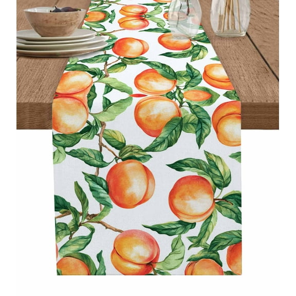Summer Peach Table Runner 48 Inches, Pink Orange Fruits Botanical Green Bed Runner Dresser Scarves Tabletop for Indoor Outdoor Parties/Ceremony/Banquet, 13" x 48"