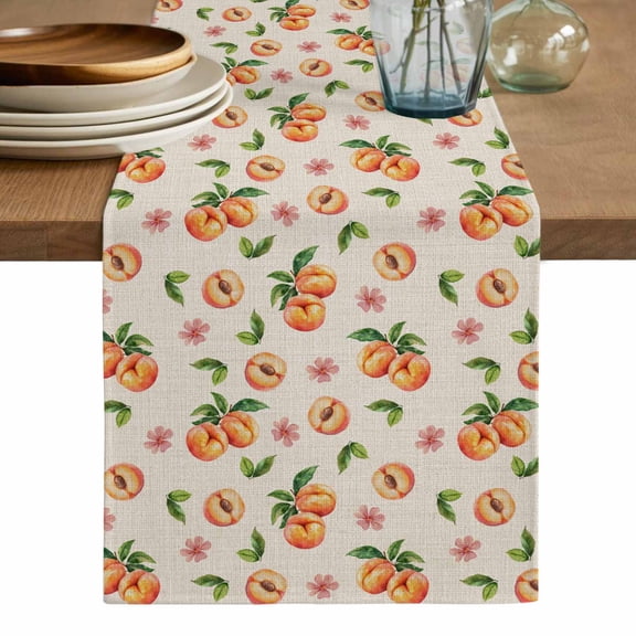 Summer Peach Table Runner, Tropical Fruit Rustic Flowers Watercolor Washable Cotton Linen Table Runners 36 Inches Long, Dresser Scarf Runner for Nightstand/End Tables/Round Tables 13''x36''