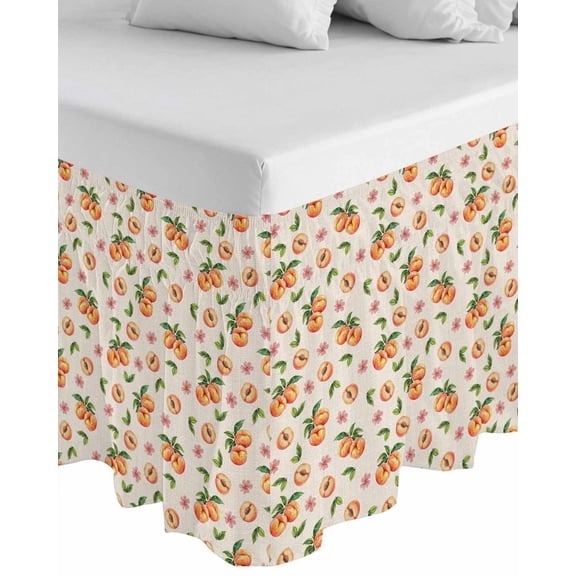 Summer Peach Wrap Around Bed Skirts for Queen Bed 18" Drop,Bed Skirt with Adjustable Elastic Belt Dust Ruffle Bed Valance for Bedroom Hotel Tropical Fruit Rustic Flowers Watercolor Bed Frame Cover