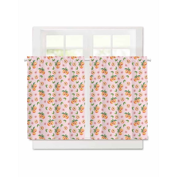 Summer Peaches on Pink Background Short Blackout Curtains 36 Inch Long,Watercolor Flower Rod Pocket Kitchen Curtains,2 Panels Thermal Insulated Room Darkening Drapes for Bedroom,30"Wx36"L