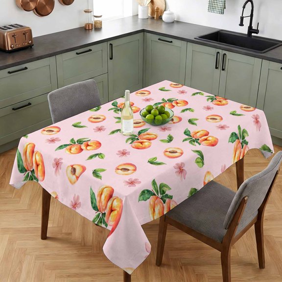Summer Peaches on Pink Background Table Cloth 52x70in, Waterproof Rectangle Tablecloth Wipeable Tablecloths Watercolor Flower Table Covers for Dining Tables Party Indoor Outdoor