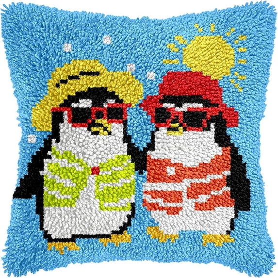 Summer Penguins Latch Hook Pillow Kits DIY Pillowcase Crochet Hook Cushion Making Kits with Preprinted Pattern Canvas Instruction Yarns Pillow Cover Easy Starter DIY Kits 43x43cm(k45)