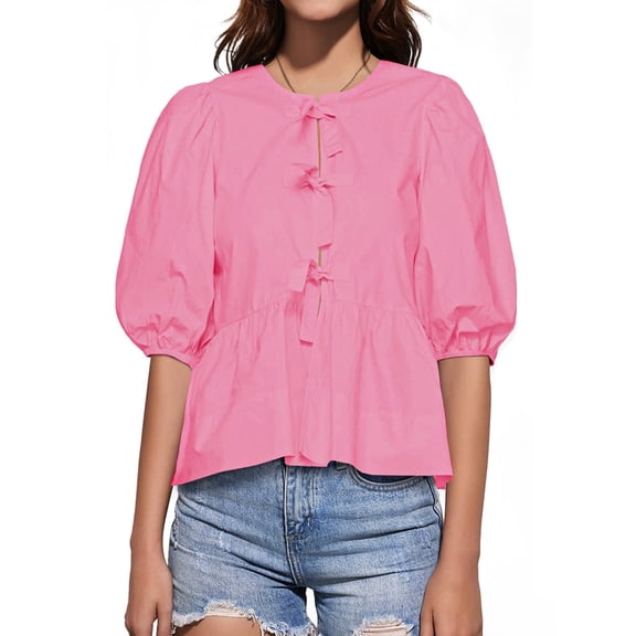 Summer Peplum Babydoll Puff Short Sleeve Blouse Womens Tie Front Tops