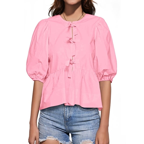 Summer Peplum Babydoll Puff Short Sleeve Blouse Womens Tie Front Tops
