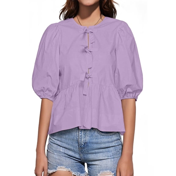 Summer Peplum Babydoll Puff Short Sleeve Blouse Womens Tie Front Tops