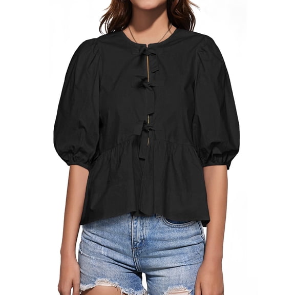 Summer Peplum Babydoll Puff Short Sleeve Blouse Womens Tie Front Tops