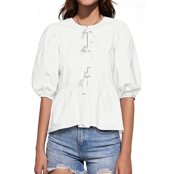 Summer Peplum Babydoll Puff Short Sleeve Blouse Womens Tie Front Tops