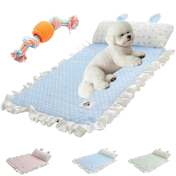 Summer Pet Cooling Mat with Pillow, Ice Silk Cooling Mat for Cats and Small Dogs | Portable & Washable Dog Cooling Mat, Velvet Ruffled Pet Cooling Bed Pad for Summer Supplies