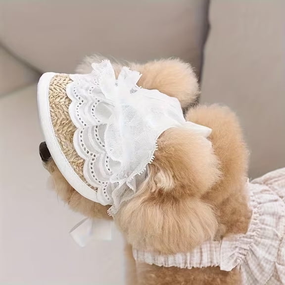 Summer Pet Sunshade Hat - Adjustable Elastic Fashionable Lace Bow Hat for Dogs and Cats