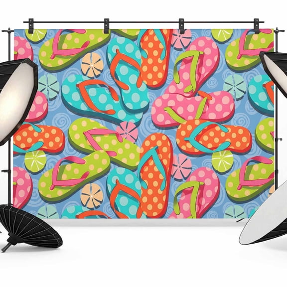 Summer Photography Backdrop 7x5FT, Colorful Polka Dots Slippers Blue Background Modern Photo Backdrops, Background for Photography Studio Photo Studio Background, Back Drop for Photoshoot