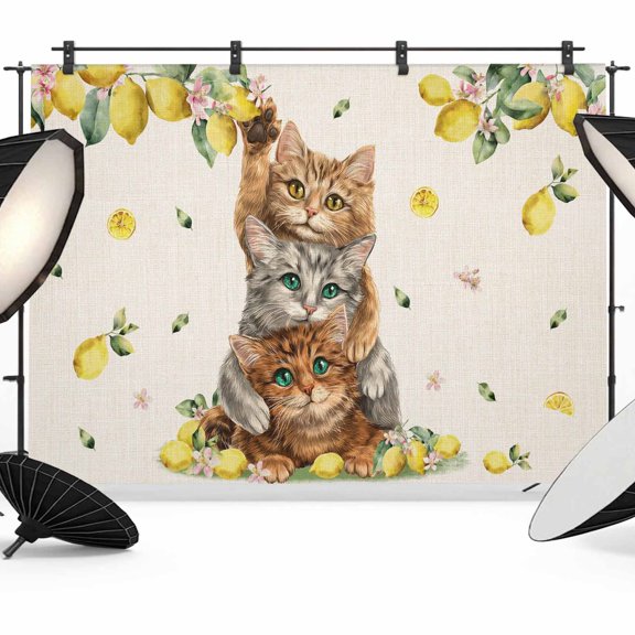 Summer Photography Backdrop 7x5FT, Three Cute Cats with Lemons Fruit Leaves Linen Texture Photo Backdrops, Background for Photography Studio Photo Studio Background, Back Drop for Photoshoot