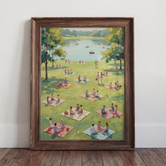 Summer Picnic Park Impressionist Lake Scene Wall Art Vintage Retro Park Decor Minimalist Green