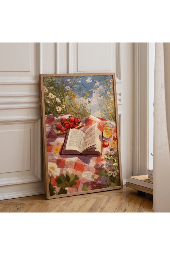 Summer Picnic Strawberry Field Reading Cottagecore Book Decor Floral Meadow Cozy Outdoor Reading Art, Unframed Canvas