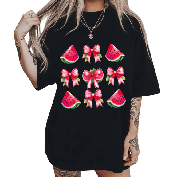 Summer Picnic Watermelon Print Tshirt Black S-5XL Pink Bow Grid Graphic Tees Shirts Tops