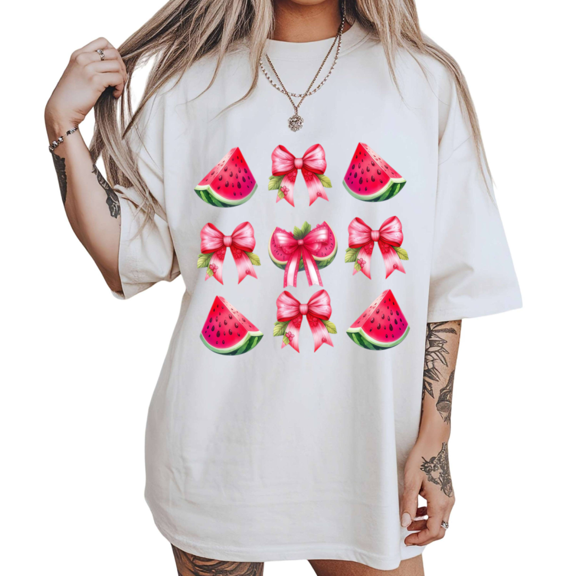 Summer Picnic Watermelon Print Tshirt White S-5XL Pink Bow Grid Graphic Tees Shirts Tops