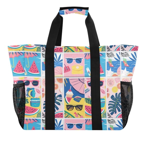 Summer Pictures Reusable Grocery Bags with Handle Side Pocket Waterproof Shopping Portable Tote