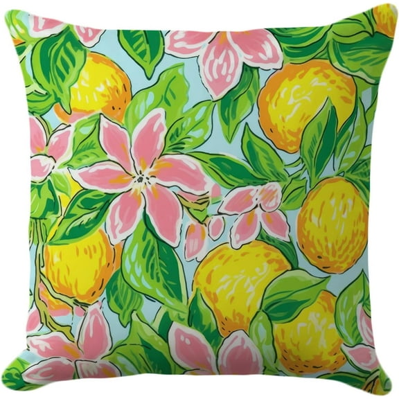 Summer Pillow Cover 18x18 Inch - Vibrant Lemon and Pink Blossom Pattern, Tropical Fruit and Floral Decorative Cushion Case for Home Decor
