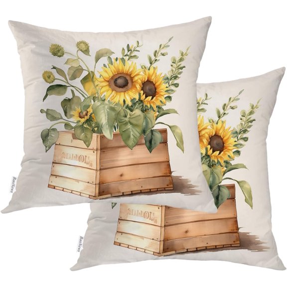Summer Pillow Covers 16X16, Daisy Pillow Sunflower Pillow Covers Old Wood Box Throw Pillow Covers Digital Blended Hidden Zipperl Decorative Sofa Cover for Hair Skin Square 2 Pcs