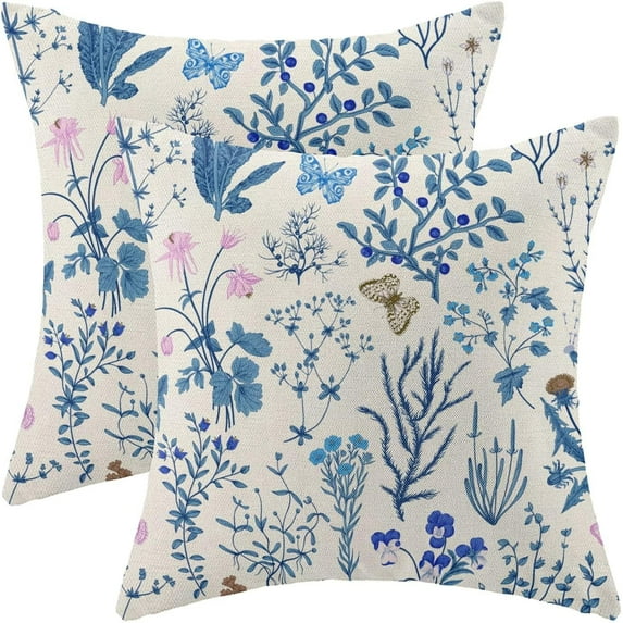 Summer Pillow Covers 16x16 Inch Set of 2,Blue Wild Flower Plant Throw Pillows Case,Seasonal Floral Outdoor Decorative Square Linen Farmhouse Decor Cushion Covers for Home Sofa Bed Couch