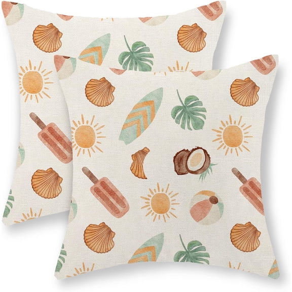 Summer Pillow Covers 16x16 Set of 2 Tropical Coastal Beach Outdoor Throw Pillows Sun Sunshine Monstera Palm Leaf Ice Cream Decorative Pillow Cases Farmhouse Cushion Case for Couch Home Decor