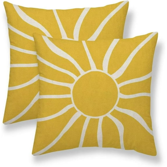 Summer Pillow Covers 16x16 Set of 2, Yellow Sunshine Decorative Outdoor Throw Pillow Covers Modern Farmhouse Cushion Case Linen Square for Home Couch Sofa