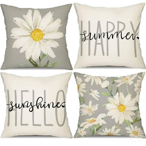 Summer Pillow Covers 16x16 Set of 4 Watercolor Daisy Summer DécorWhite and Grey Outdoor Throw Pillow Covers Hello Sunshine Cushion Case Decoration for Sofa Couch
