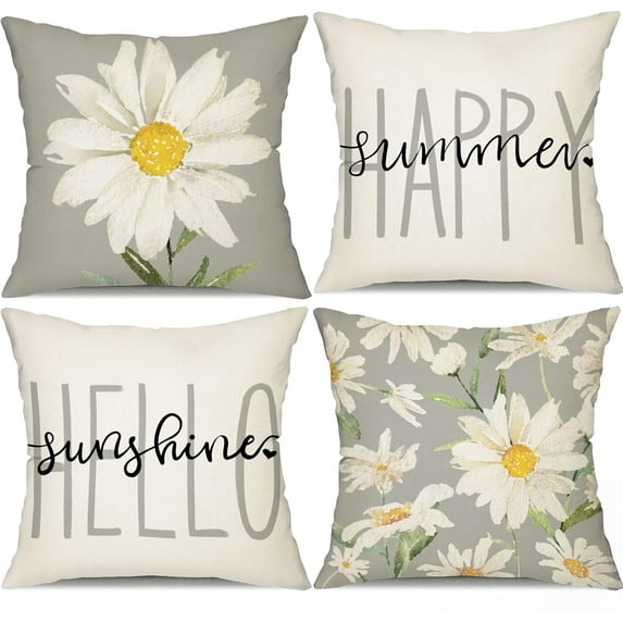 Summer Pillow Covers 16x16 Set of 4 Watercolor Daisy Summer DécorWhite and Grey Outdoor Throw Pillow Covers Hello Sunshine Cushion Case Decoration for Sofa Couch