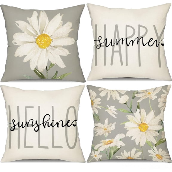Summer Pillow Covers 16x16 Set of 4 Watercolor Daisy Summer DécorWhite and Grey Outdoor Throw Pillow Covers Hello Sunshine Cushion Case Decoration for Sofa Couch