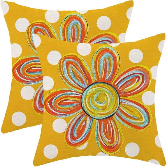 Summer Pillow Covers 18 X 18 Inch Set of 2, Polka Dot Yellow Watercolor Flower Decor Throw Pillow Covers Farmhouse Boho Outdoor Decorative Pillowcase for Couch Home Sofa Living Room