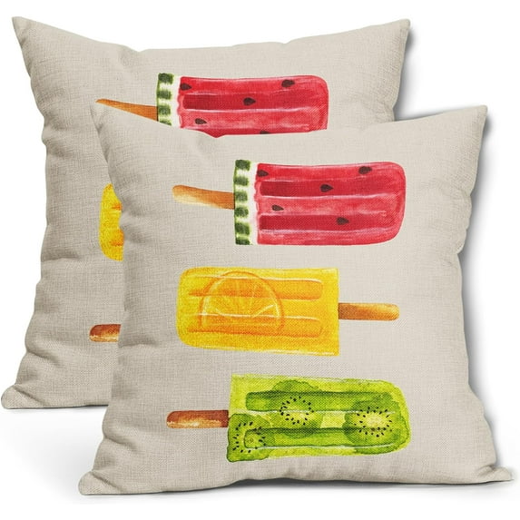Summer Pillow Covers 18X18 Inch Set of 2 Watercolor Ice Cream Popsicle Decorative Pillow Cases Watermelon Orange Kiwi Fruits Cushion Case Seasonal Farmhouse Home Decor for Sofa Couch Porch Outdoor