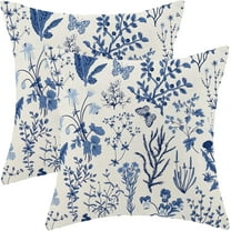 Summer Pillow Covers 18x18 Inch Set of 2,Navy Blue Wild Flower Plant Throw Pillows Case,Seasonal Floral Outdoor Decorative Square Linen Farmhouse Decor Cushion Covers for Home Couch Sofa Bed