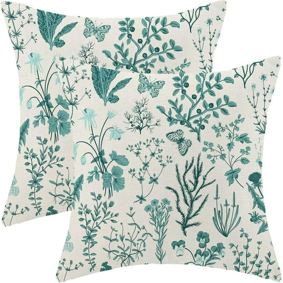 Summer Pillow Covers 18x18 Inch Set of 2,Teal Green Wild Flower Plant Throw Pillows Case,Seasonal Floral Outdoor Decorative Square Linen Farmhouse Decor Cushion Covers for Home Sofa Bed Couch