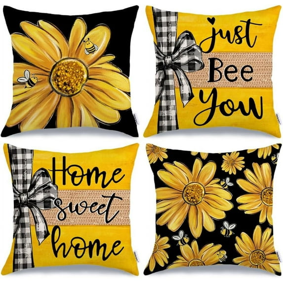 Summer Pillow Covers 18x18 Inch Set of 4, Floral Daisy Home Sweet Home Black Yellow Farmhouse Decorative Throw Pillowcases for Home Sofa Couch Decoration G533-18