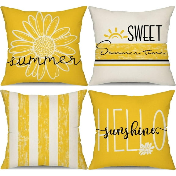 Summer Pillow Covers 18x18 Inch Set of 4 Outdoor Pillow Covers Daisy Throw Pillow Covers Hello Sunshine Sweet Summer Time Cushion Case Summer Outdoor Decoration for Farmhouse Sofa Home Car Couch