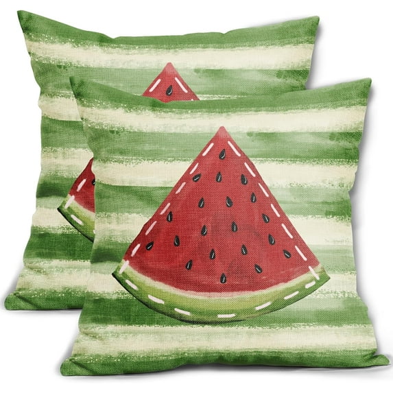 Summer Pillow Covers 18x18 Inch Watercolor Watermelon Green Stripe Outdoor Decorative Throw Pillow Covers Set of 2 Rustic Pillowcases Farmhouse Cotton Linen Cushion Covers for Couch Bed Summer Decor