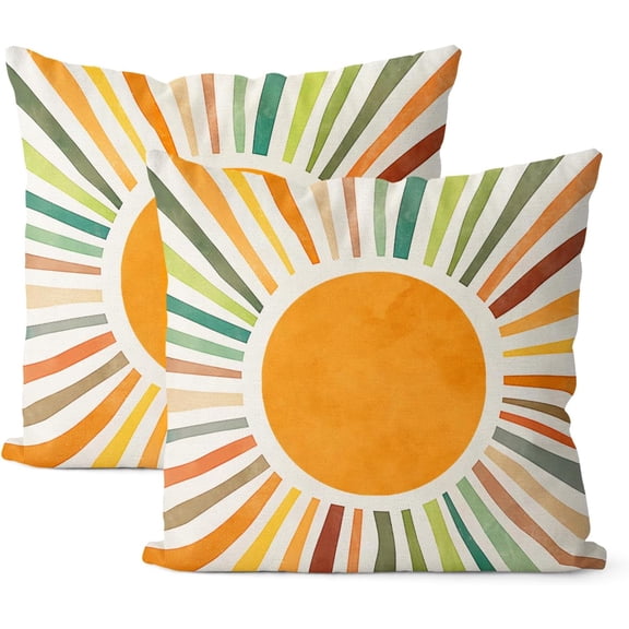 Summer Pillow Covers 18x18 Set of 2, Boho Sun Throw Pillows Stripes Yellow Green Orange Sunshine Decorations Watercolor Rainbow Pillowcase Linen Boho Outdoor Decor Cushion Case for Home Sofa