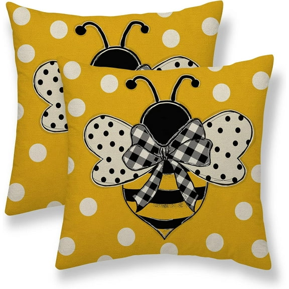 Summer Pillow Covers 18x18 Set of 2, Bumble bee Polka Dots Outdoor Decorative Throw Pillow Covers Yellow Honey Bee Holiday Cushion Case Linen Square Decor for Home Couch Sofa.