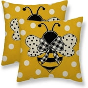 Summer Pillow Covers 18x18 Set of 2, Bumble bee Polka Dots Outdoor Decorative Throw Pillow Covers Yellow Honey Bee Holiday Cushion Case Linen Square Decor for Home Couch Sofa.