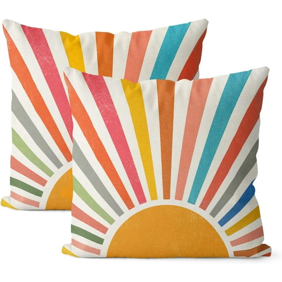 Summer Pillow Covers 18x18 Set of 2 Colorful Stripes Yellow Sunshine Decorations Outdoor Throw Pillows Boho Rainbow Sun Pillowcase Linen Decor Modern Farmhouse Cushion Case for Home Bedroom