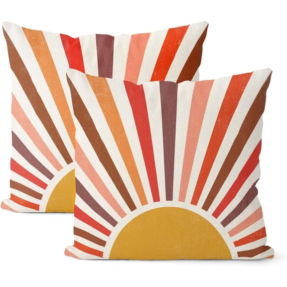 Summer Pillow Covers 18x18 Set of 2 Stripes Red Brown Yellow Sunshine Decorative Throw Pillows Summer Boho Outdoor Rainbow Sun Pillow Cases Cute Farmhouse Decor Cushion Case for Home Bedroom