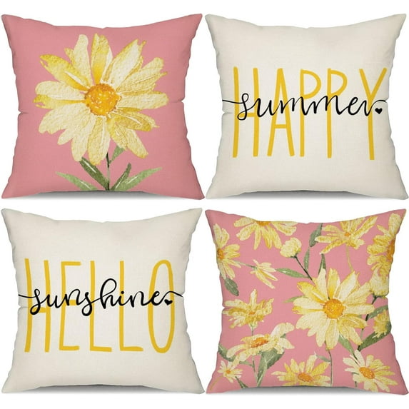 Summer Pillow Covers 18x18 Set of 4 Watercolor Daisy Summer Décor Yellow and Pink Outdoor Throw Pillow Covers Hello Sunshine Cushion Case Decoration for Sofa Couch