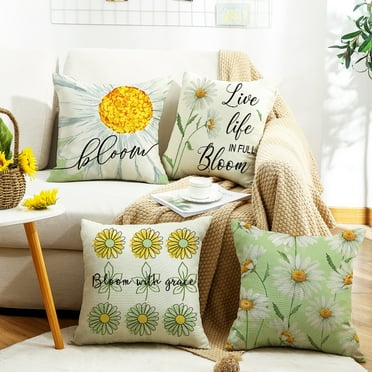 Summer Pillow Covers 18x18 Set of 4 Watercolor Daisy Throw Pillow Covers Summer Outdoor Décor Cushion Case Decoration for Home Couch Chair Sofa