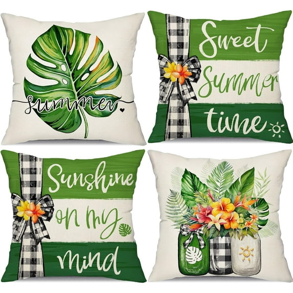 Summer Pillow Covers 18x18 inch Set of 4 Palm Leaf vases Decor Throw Pillows Covers Outdoor Spring Summer Green Stripe Pillow Covers Decor Couch Living Room 190A
