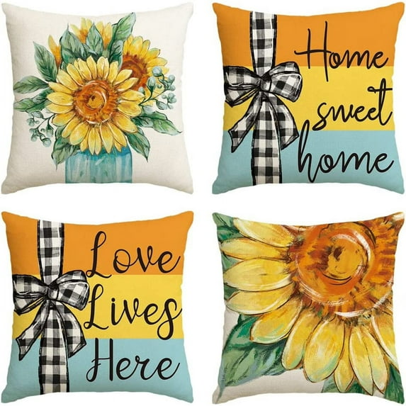 Summer Pillow Covers 18x18 inch Set of 4 Sunflower vases Decor Throw Pillows Covers Outdoor Spring Summer Yellow Stripe Pillow Covers Decor Couch Living Room