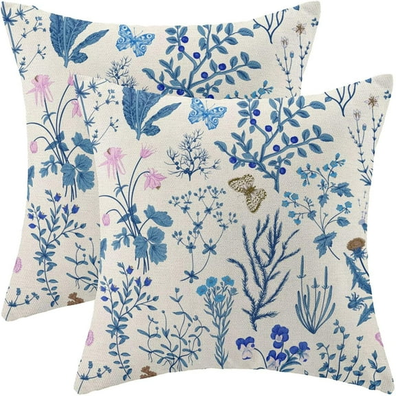 Summer Pillow Covers 20x20 Inch Set of 2,Blue Wild Flower Plant Throw Pillows Case,Seasonal Floral Outdoor Decorative Square Linen Farmhouse Decor Cushion Covers for Home Sofa Bed Couch