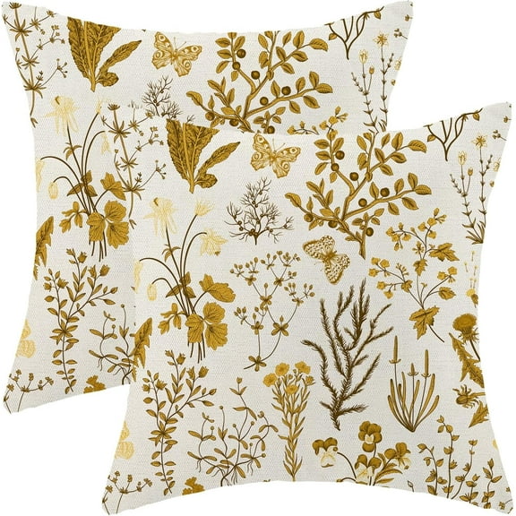 Summer Pillow Covers 20x20 Inch Set of 2,Mustard Yellow Wild Flower Plant Throw Pillows Case,Seasonal Floral Outdoor Decorative Square Linen Farmhouse Decor Cushion Covers for Home Couch